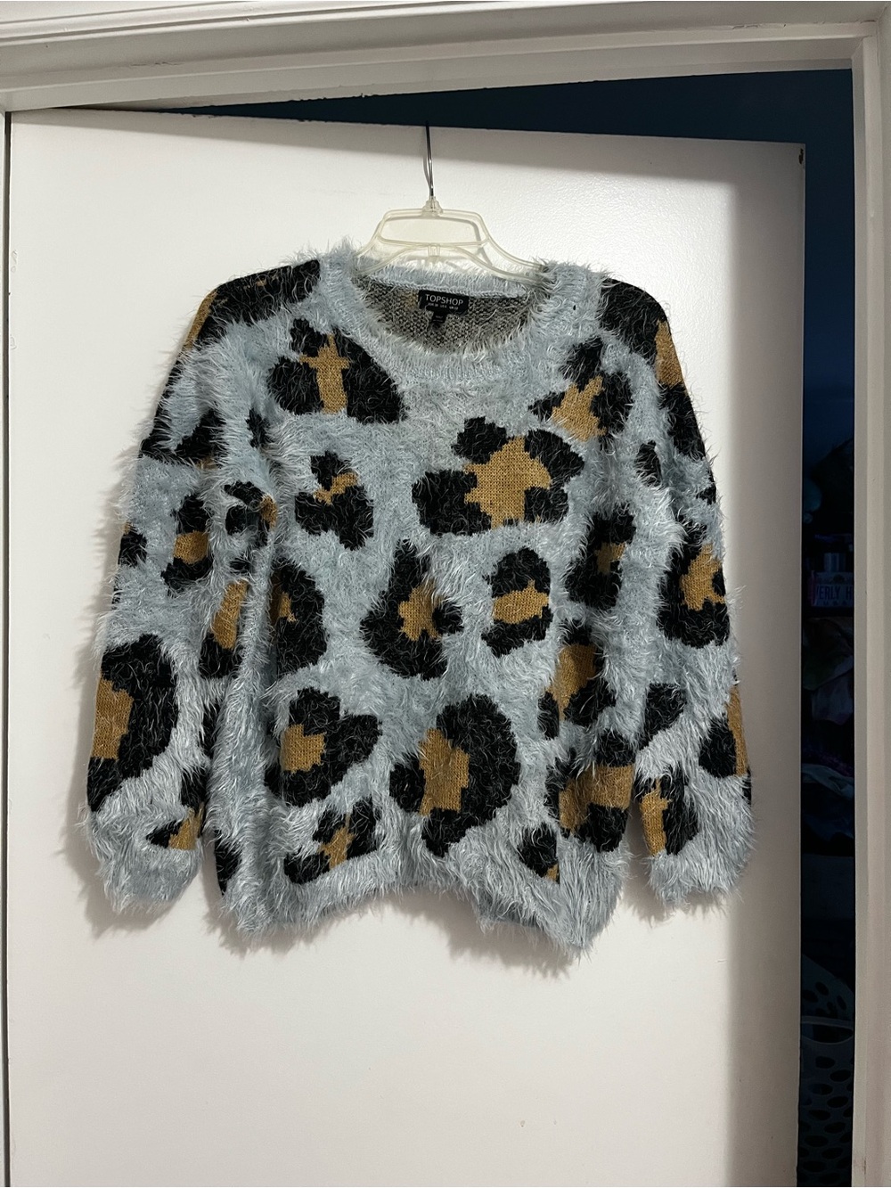 Topshop Fuzzy Crewneck Sweater in Light Blue with Black and Brown Leopard Spots